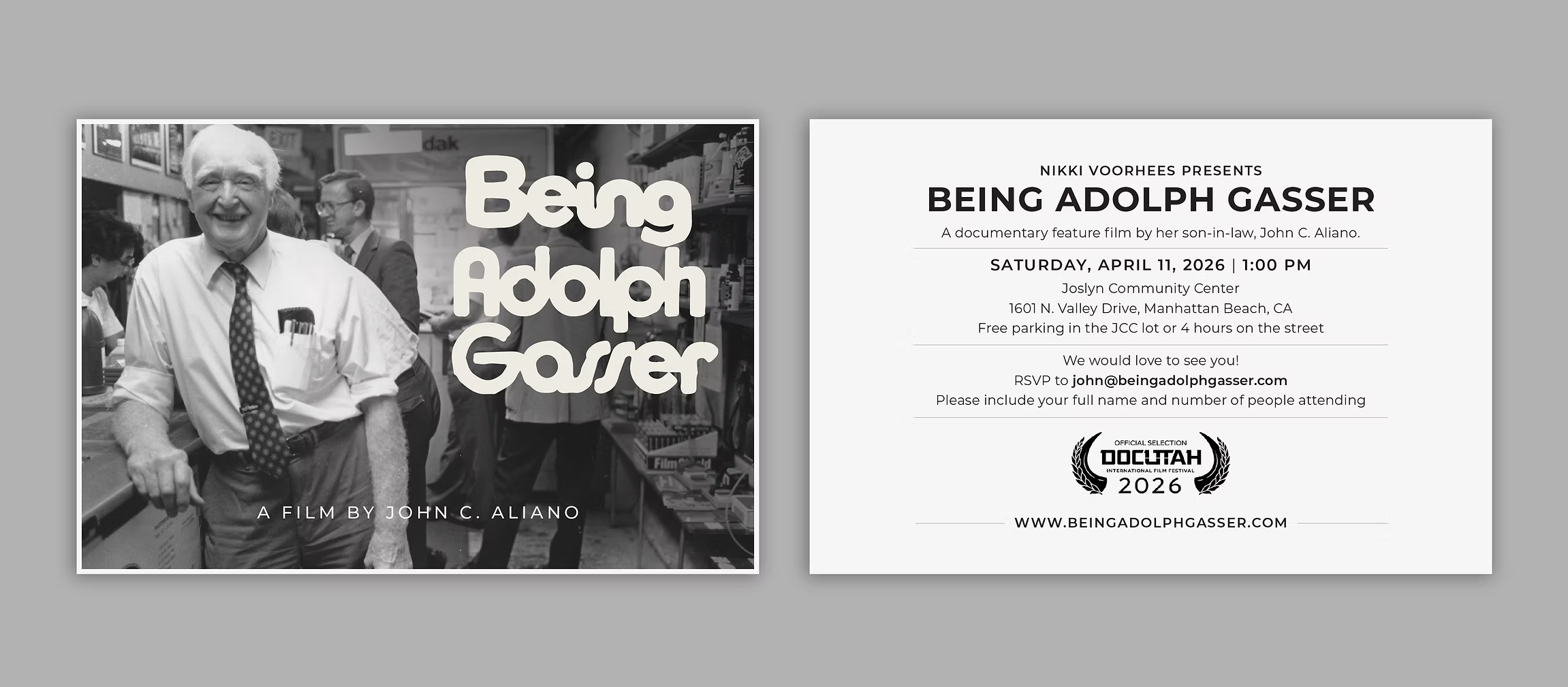Front and back of the Being Adolph Gasser screening postcard with event details and DocUtah 2026 laurel