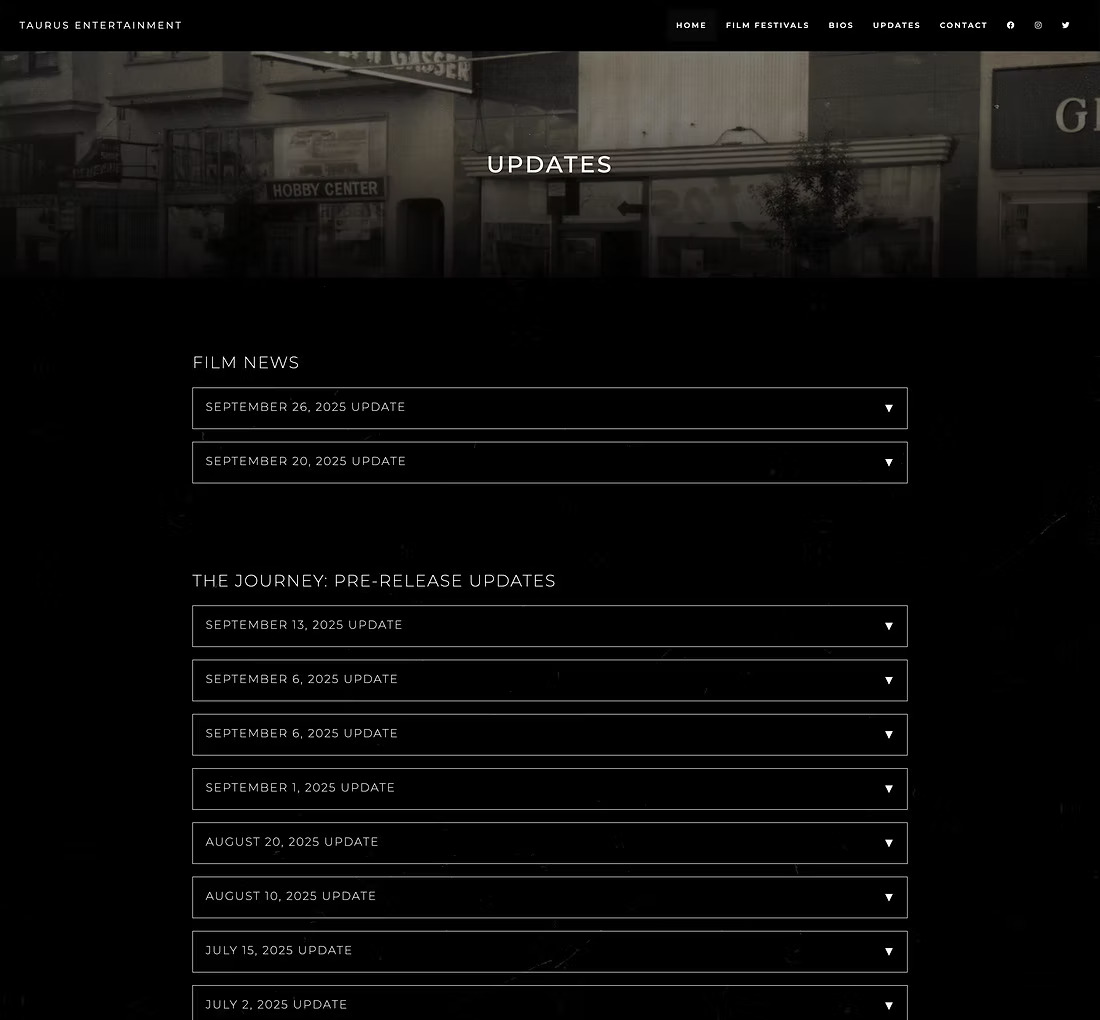 Updates page with dated film news and pre-release updates in expandable sections