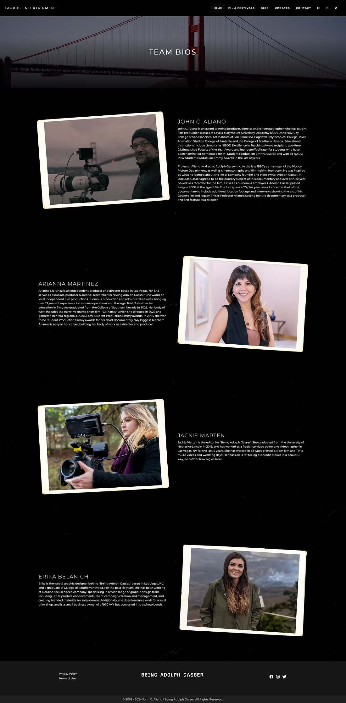 Team bios page with photos and bios for the film's director, producer, editor, and designer