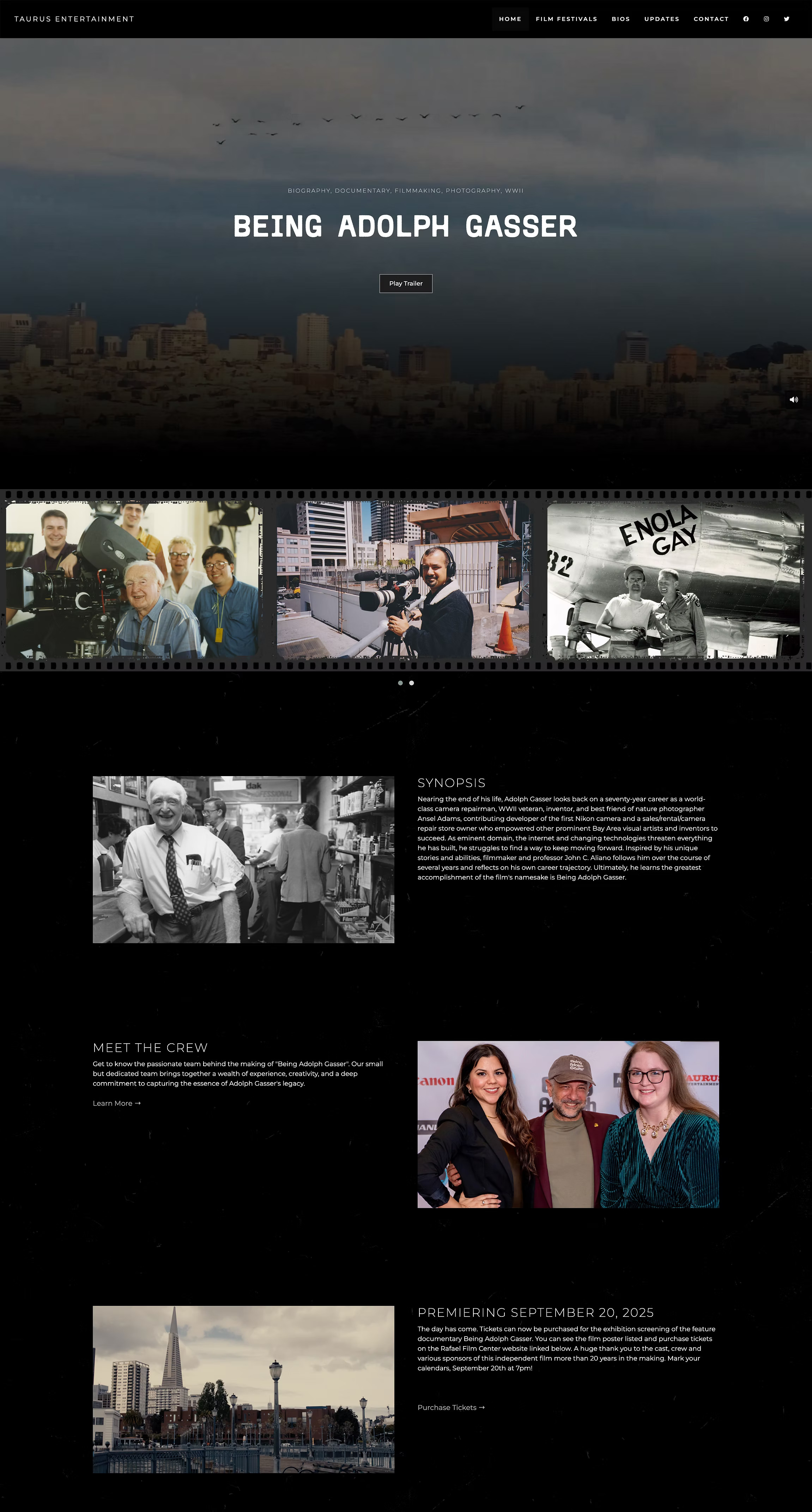 Being Adolph Gasser website homepage with trailer hero, film strip gallery, and synopsis