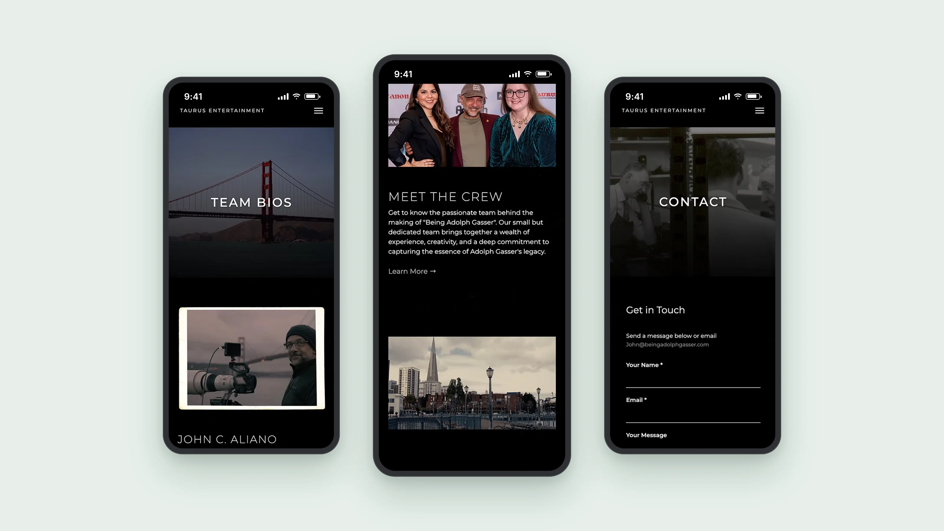 Three phone screens showing the Team bios, Meet the crew, and Contact pages on mobile