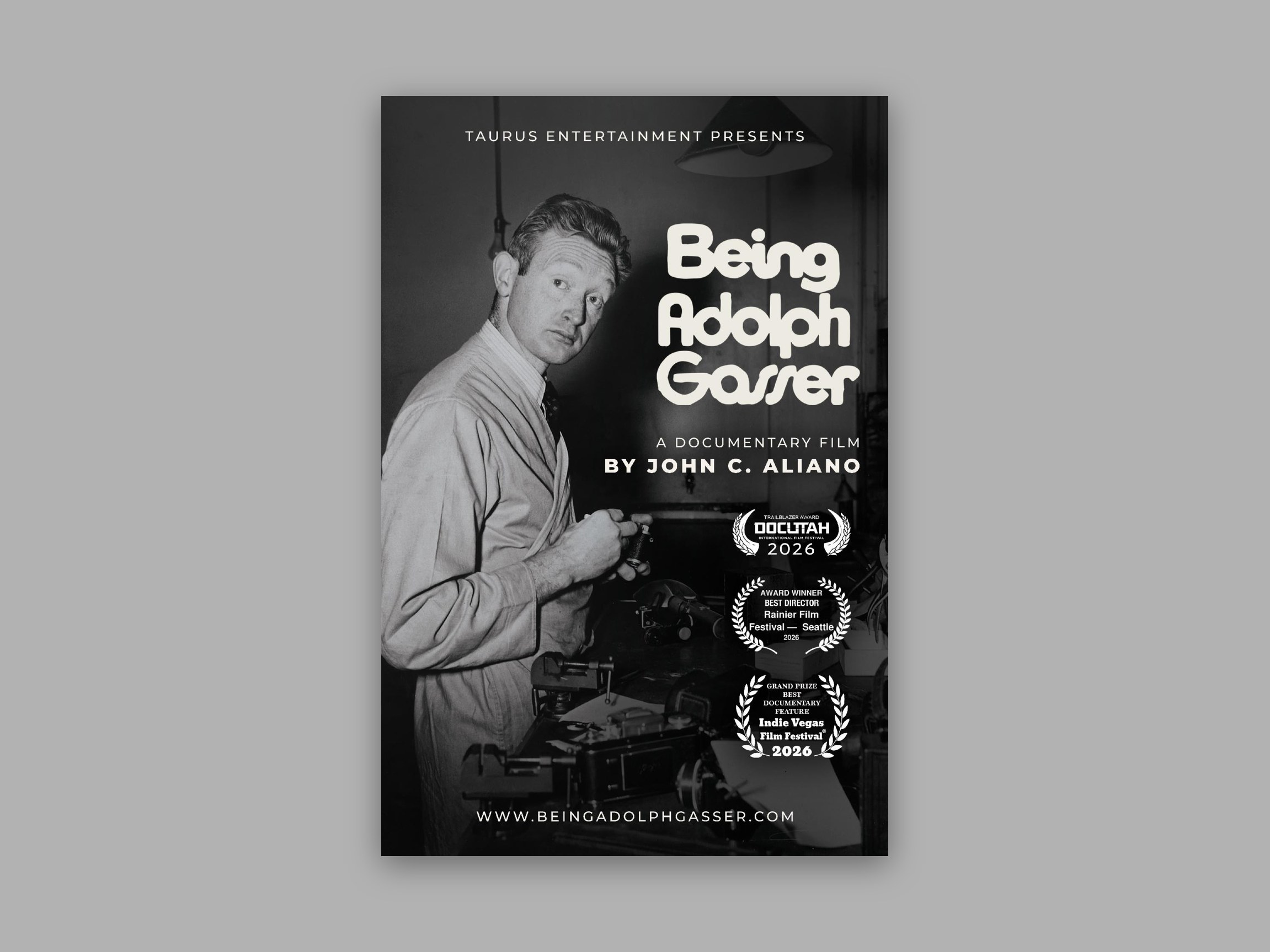 Being Adolph Gasser film poster with archival photo of Adolph Gasser at his camera workbench and festival laurelsFront and back of the Being Adolph Gasser screening postcard with event details and DocUtah 2026 laurel