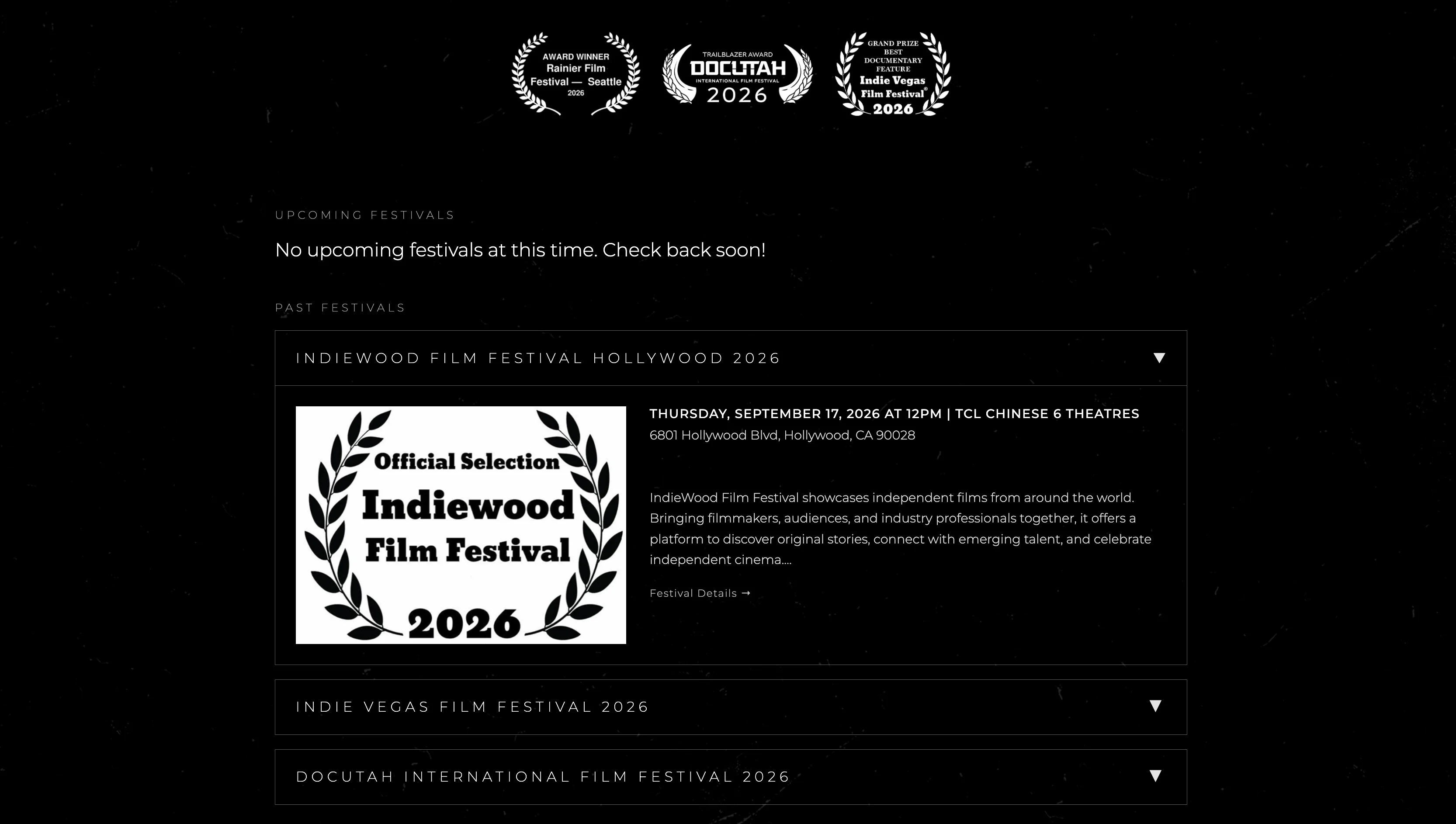 Festivals page with award laurels, upcoming festivals, and expandable past festival listingsBeing Adolph Gasser website homepage with trailer hero, film strip gallery, and synopsis