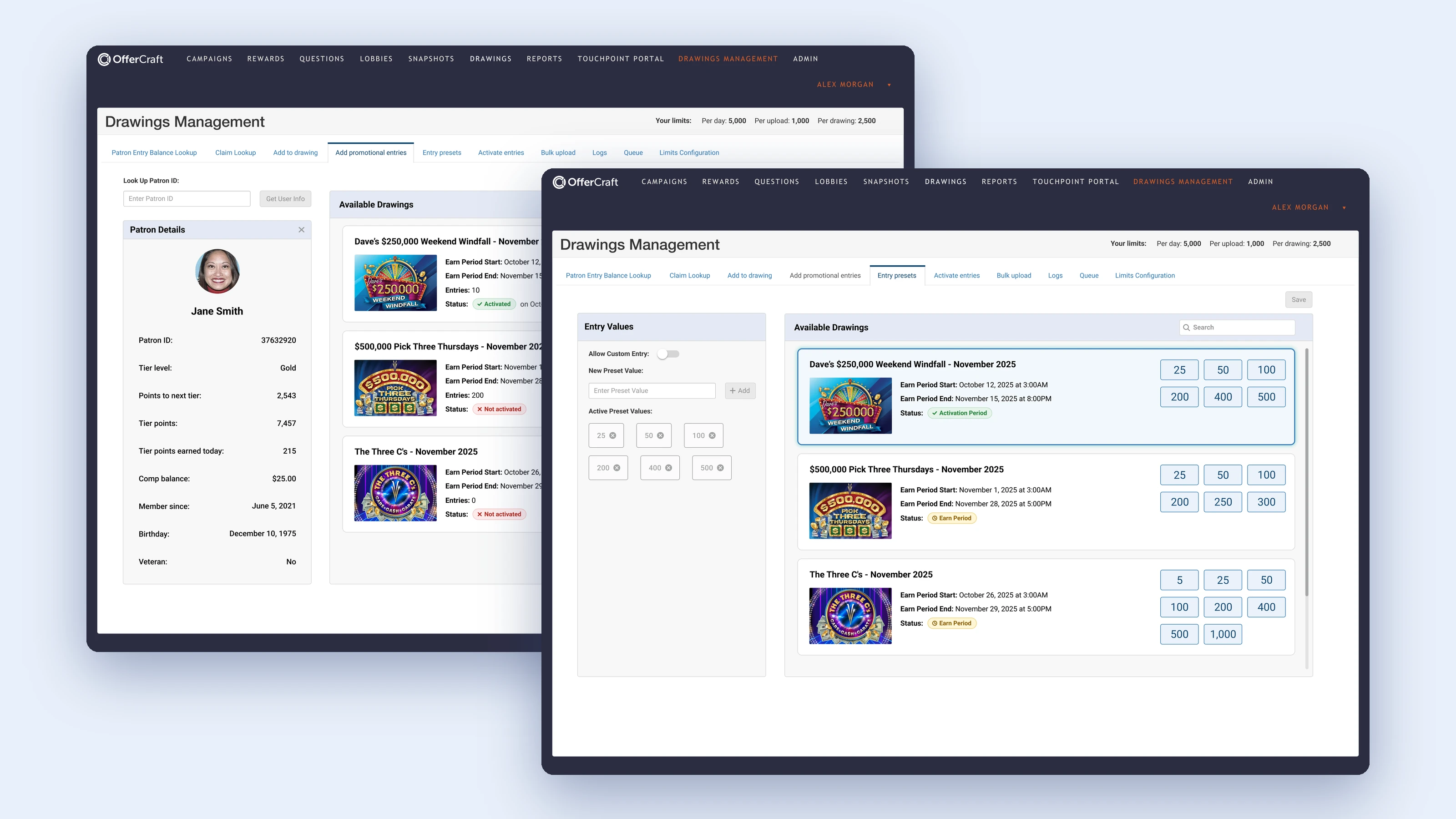 Add Promotional Entries and Entry Presets screens on a soft blue background