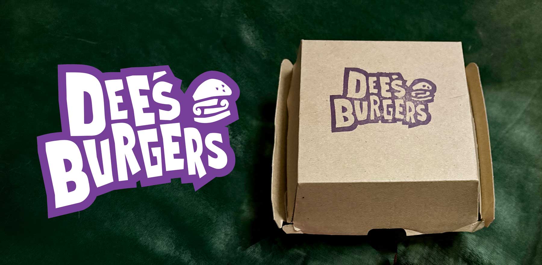 The Dee's Burgers logo alongside a cardboard burger box stamped with the Dee's Burgers logo in purple ink