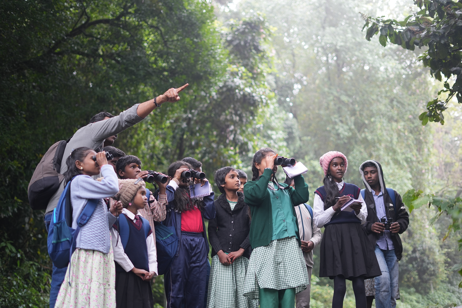School children in Kodaikanal bird watching.