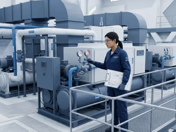 Technician in navy blue uniform inspecting pressure gauges on industrial HVAC equipment inside a mechanical room.