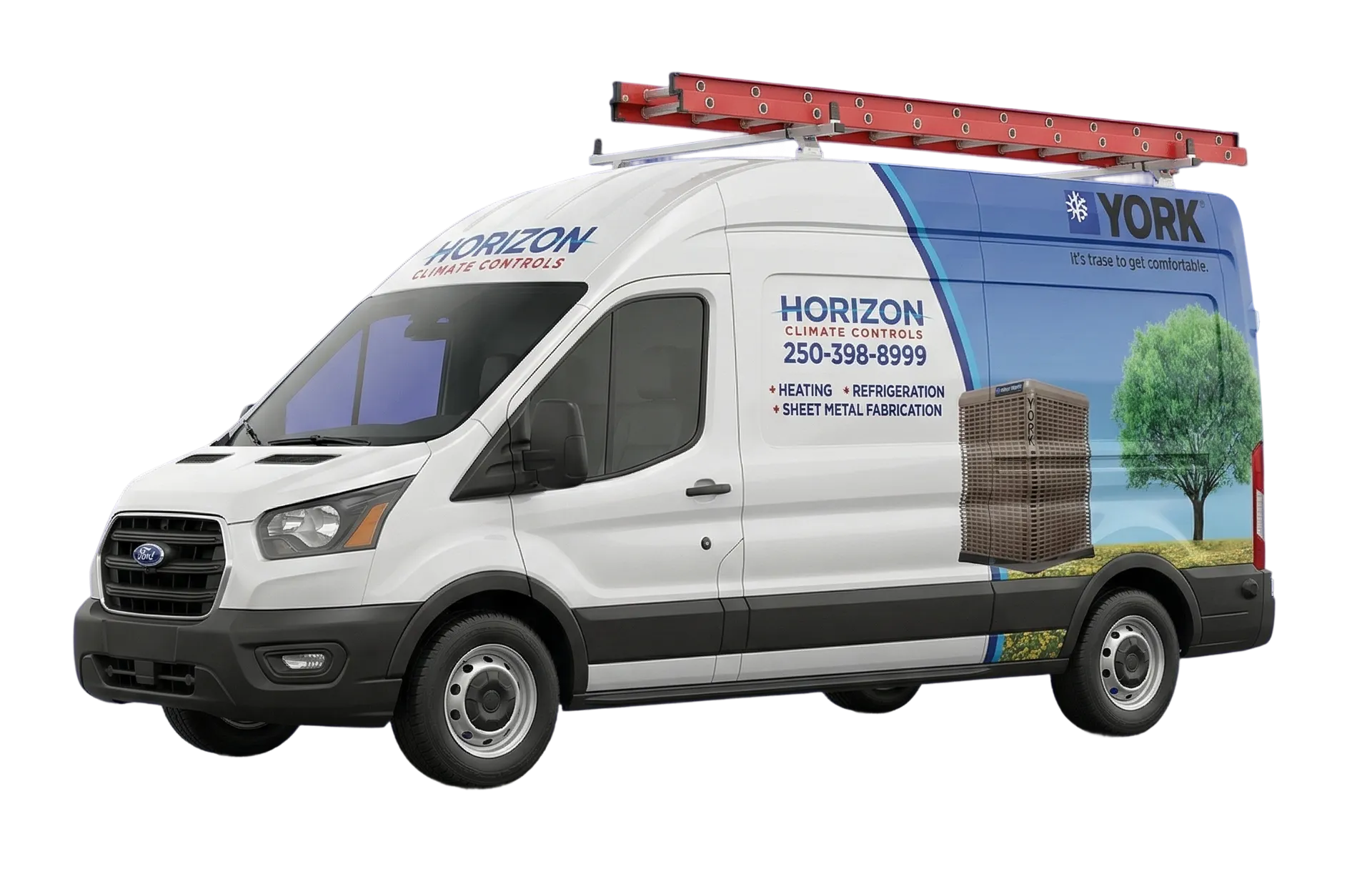 White Horizon Climate Controls van with contact info, ladder on top, and York HVAC image on side.