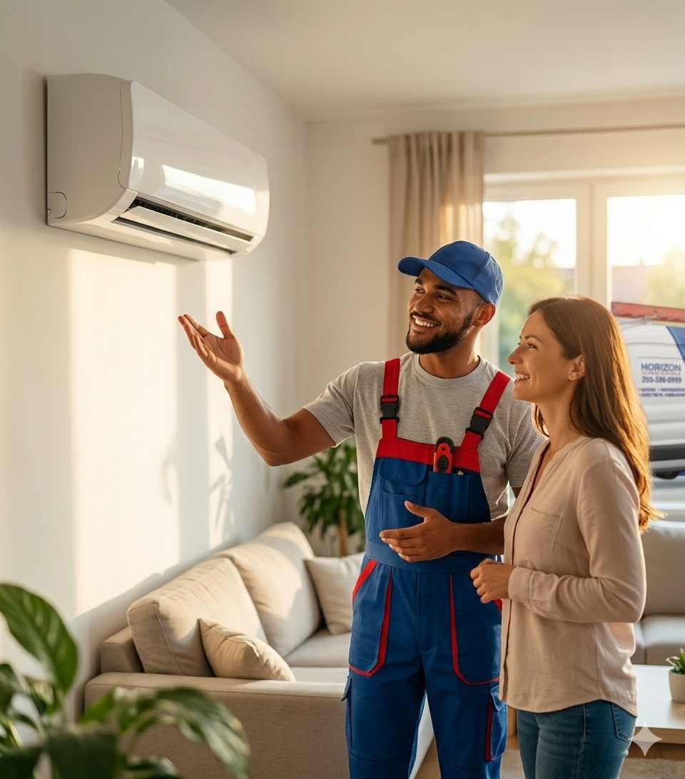 Technician in blue uniform explaining a wall-mounted air conditioner to a smiling woman in a living room.