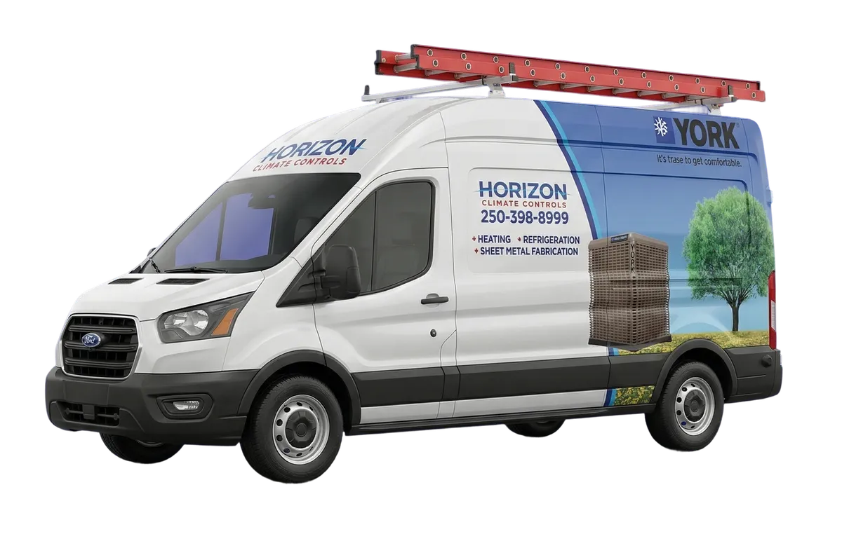 White Horizon Climate Controls service van with red ladder and York HVAC advertisement on side.