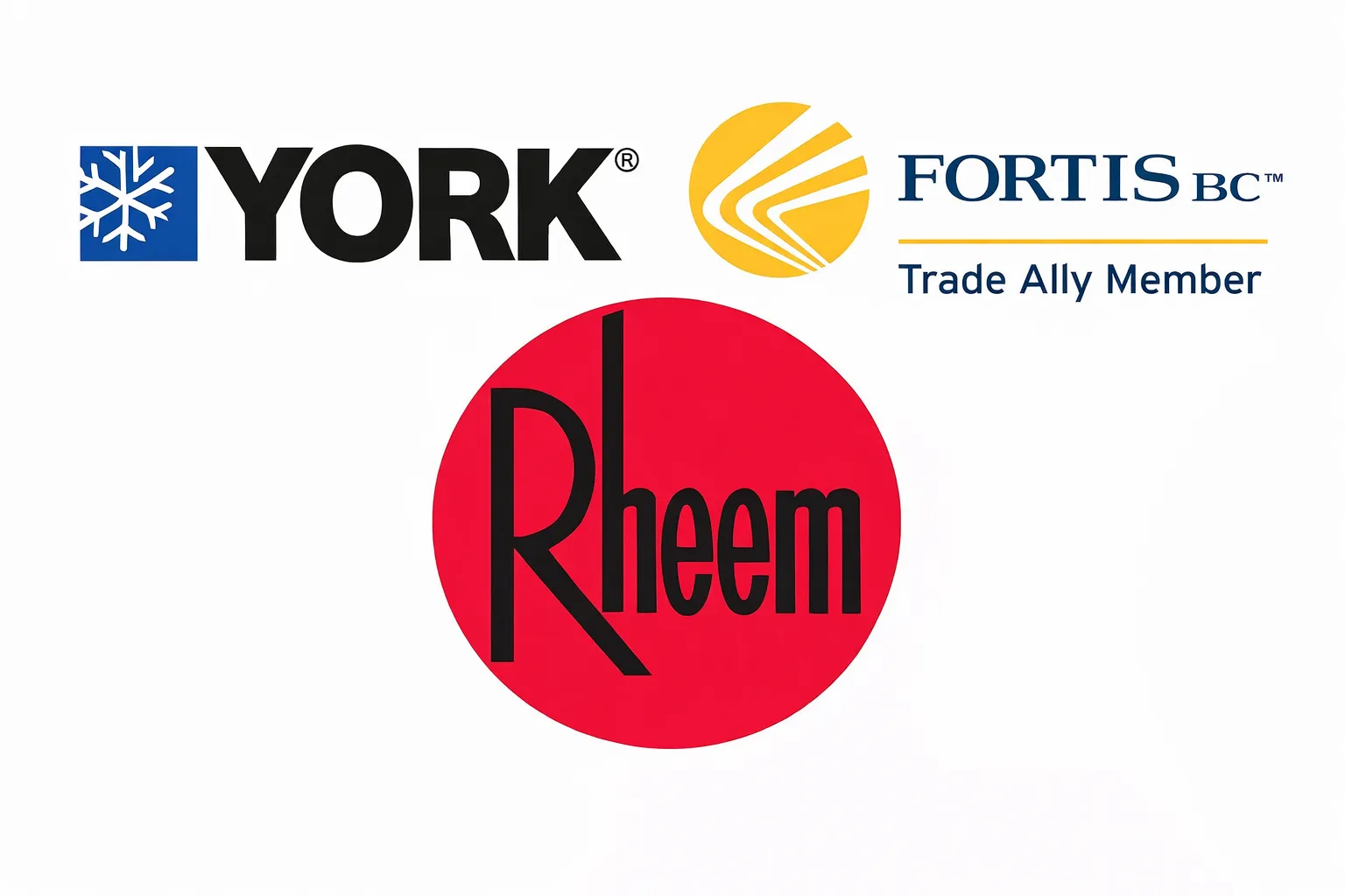 Logos: York with snowflake, Fortis BC Trade Ally Member, and Rheem in red circle.