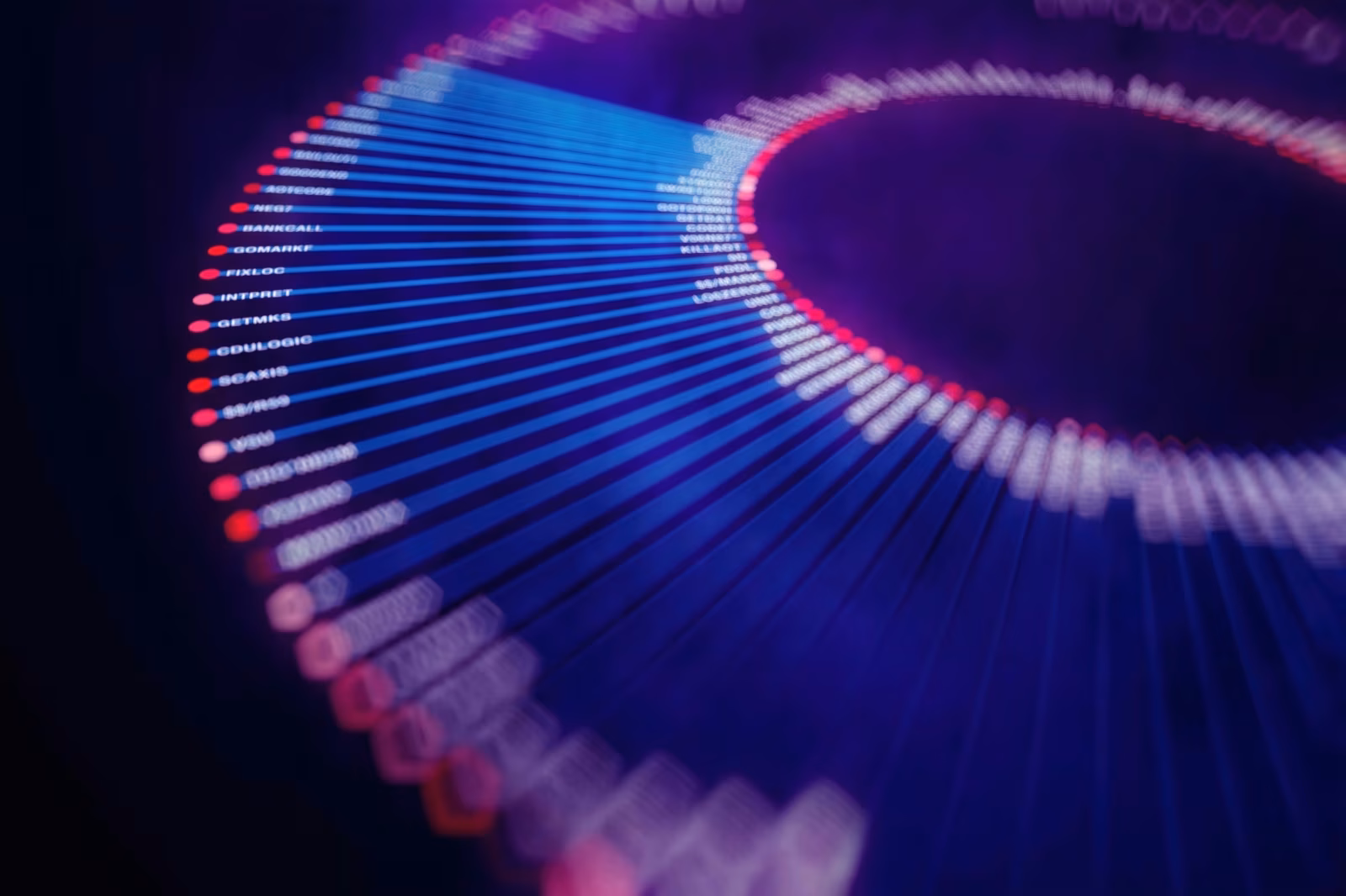 Circular array of glowing blue and pink data dots forming a radial pattern on dark background