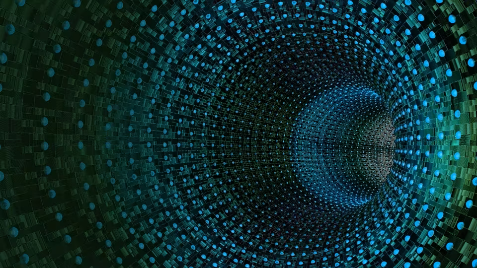 Digital tunnel with walls lined with teal and green glowing dots on dark background