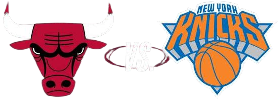 Chicago Bulls logo on the left featuring a red bull's head with white horns, vs. New York Knicks logo on the right with an orange basketball and blue star-shaped background.