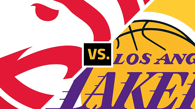 Logo of the Atlanta Hawks on the left and Los Angeles Lakers on the right separated by a black and yellow box with 'vs.' in the center, representing a basketball matchup.