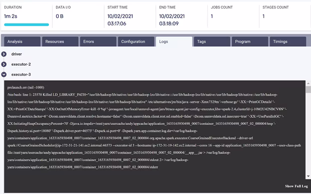 Unravel Logs Tab Example