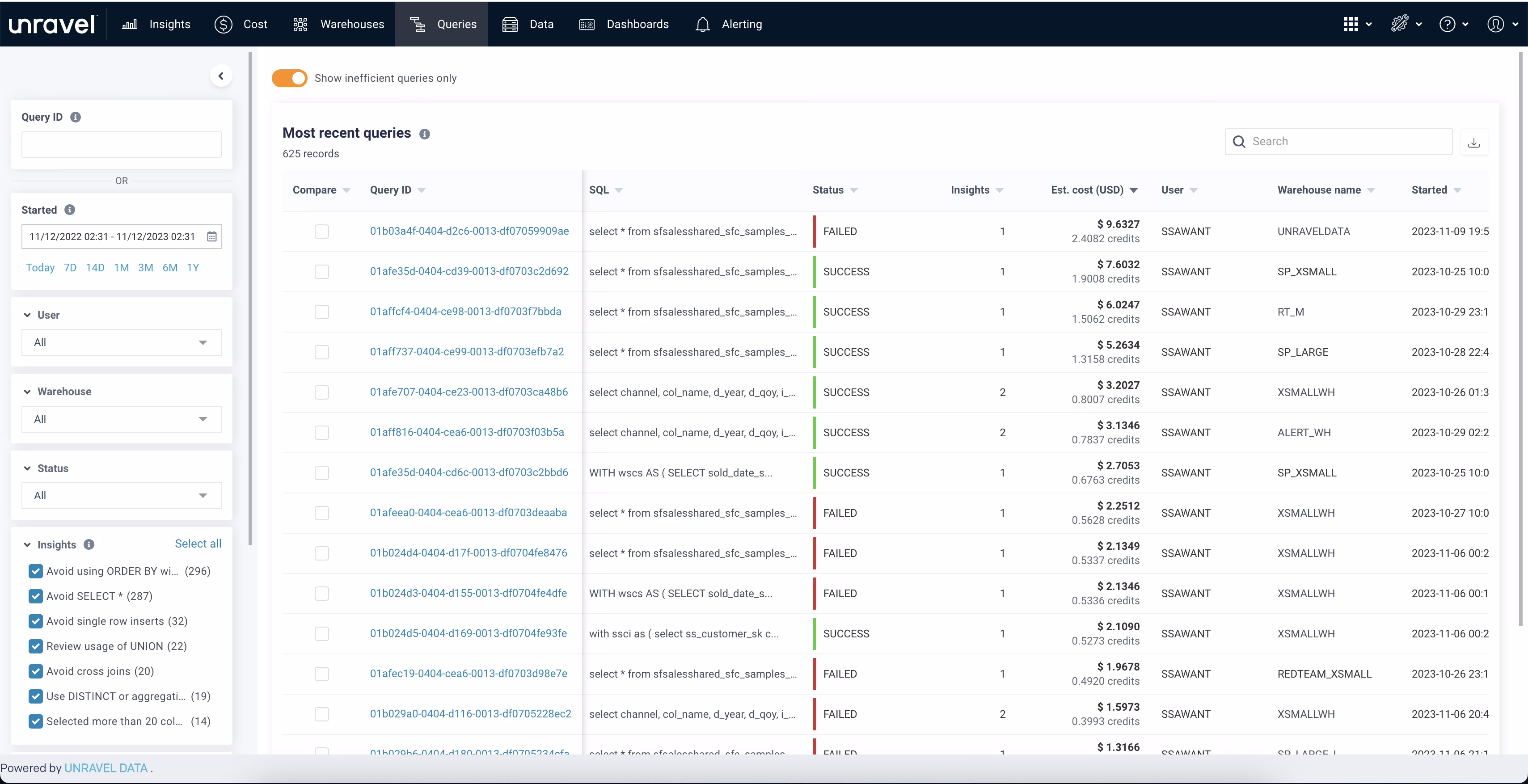 Unravel for Snowflake insights into query cost & performance