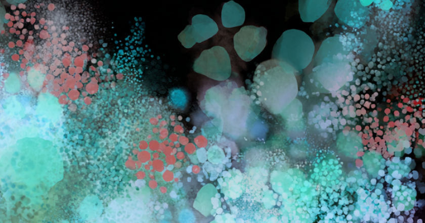 Abstract macro texture featuring layered turquoise, aqua, coral, and white circular forms on a dark background.