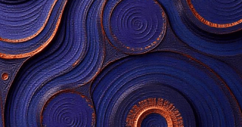 Abstract close-up of blue wood grain with copper edges