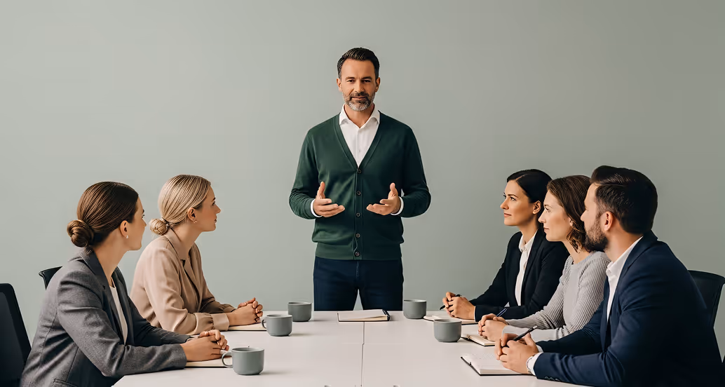 Man in green cardigan standing and speaking to five seated businesspeople at a conference table with notebooks and coffee cups.