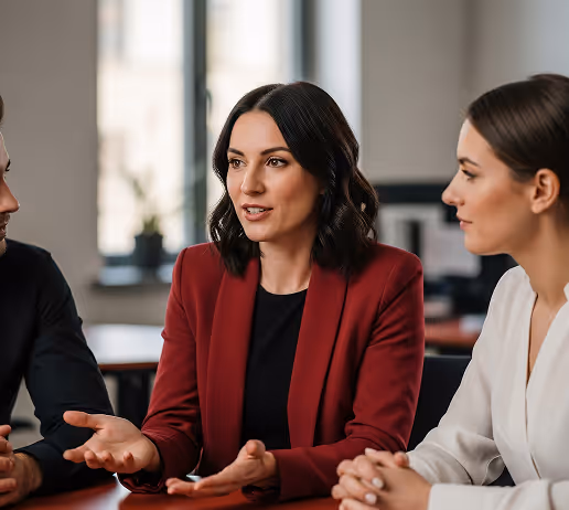 Three professionals engaged in a discussion around a table in a modern office setting.