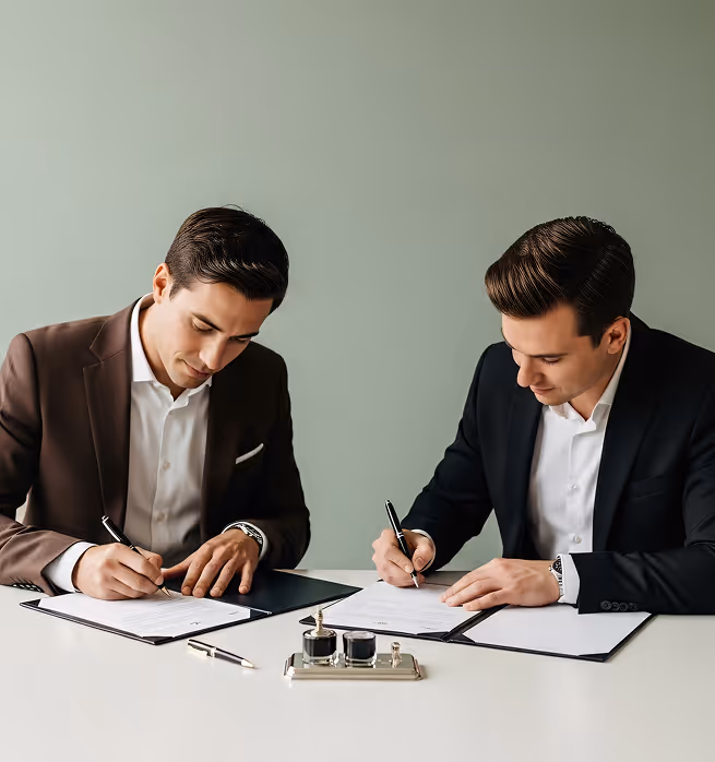 Two businessmen in suits sitting at a white table, signing documents with pens.