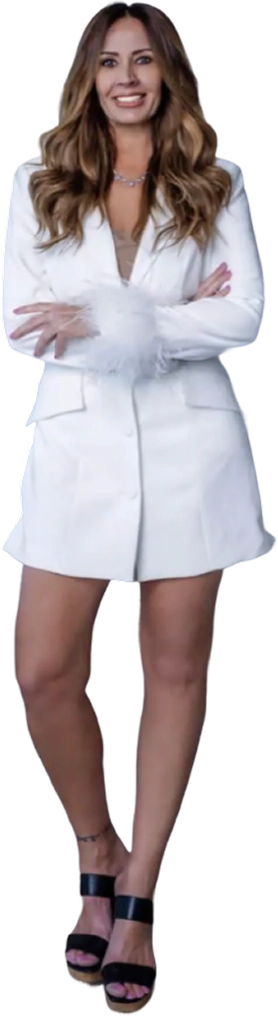 Woman walking confidently in a red jumpsuit with wide sleeves and glittery high heels.