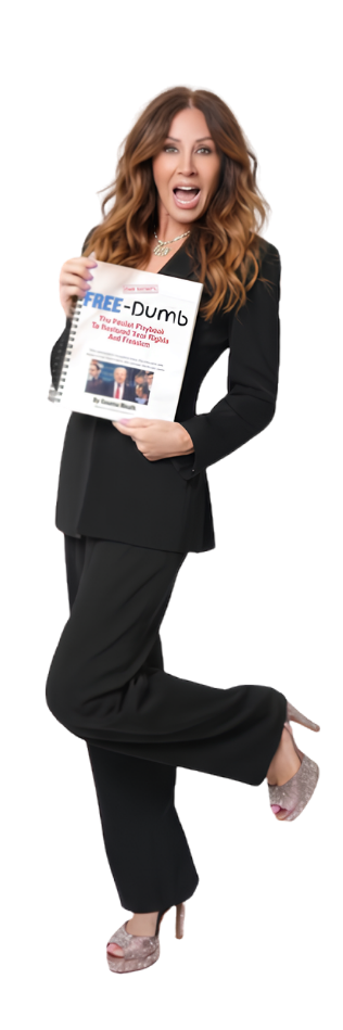 Woman with long brown hair wearing a black suit and sparkly high heels, holding a booklet titled 'FREE-Dumb: The Patriot Playbook To Restoring Your Rights And Freedom' with images of political figures.