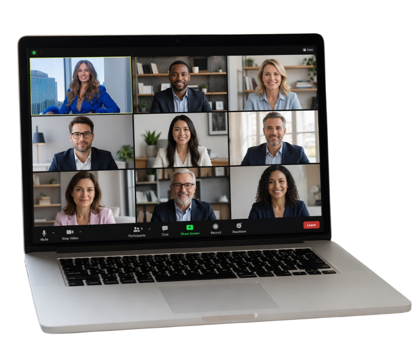 Laptop screen showing a virtual meeting with six diverse people waving and engaging in a video call.