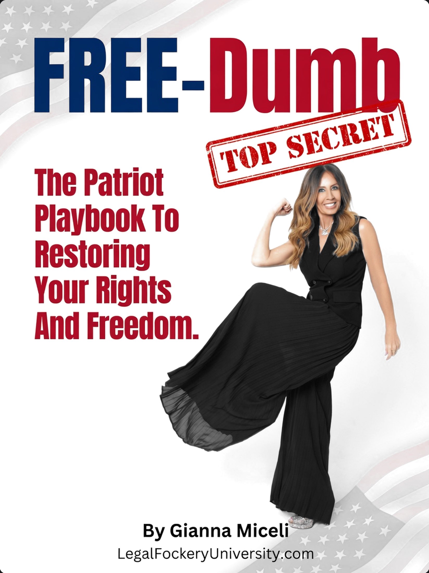 Tablet screen showing a book cover titled 'FREE-dumb The Patriot Playbook To Restoring Your Rights And Freedom' with a quote from Donald Trump and photo of him speaking.