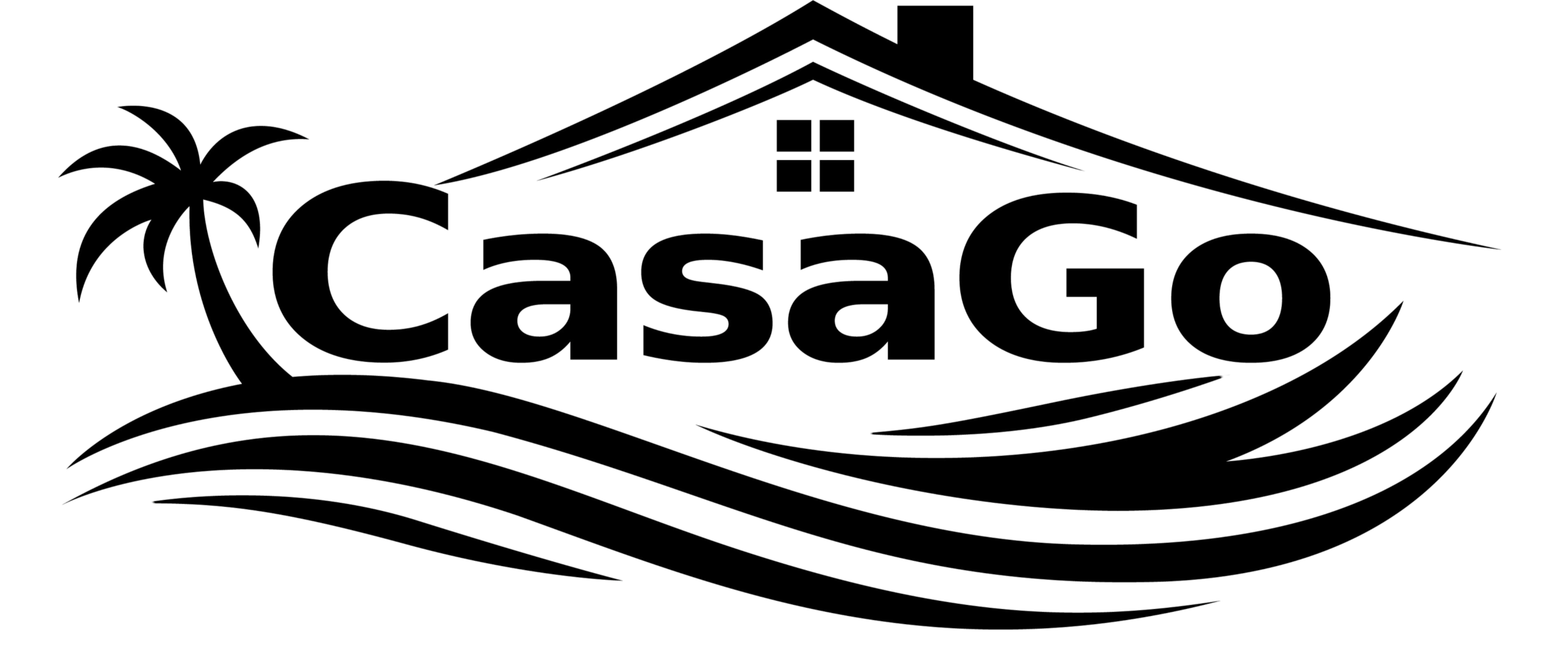 Logo CasaGo s domem, palmou a vlnami jako symboly dovolené a ubytování.