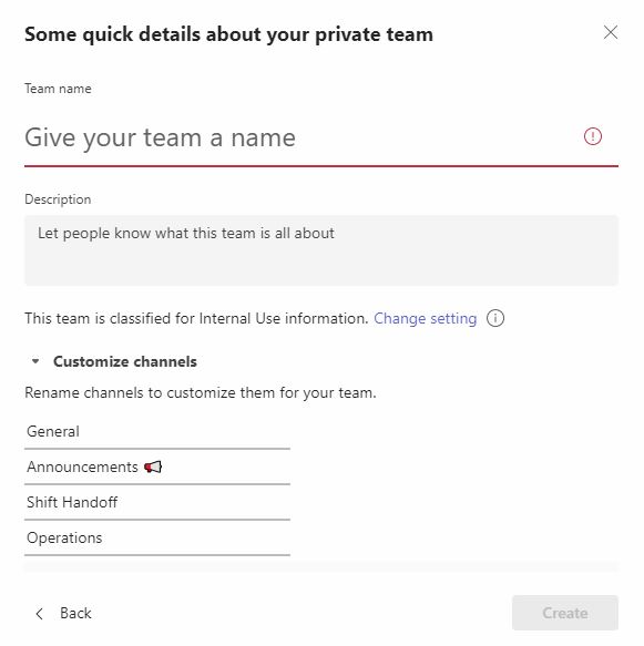 New team in Microsoft Teams: enter name and description