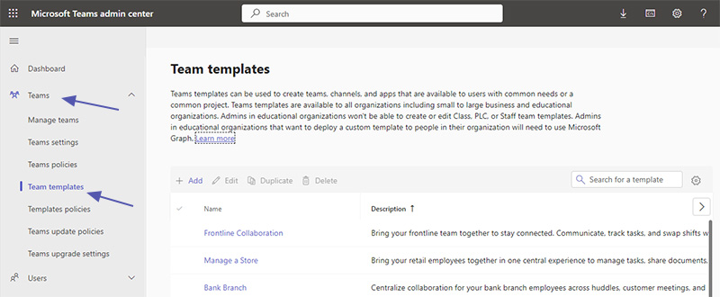 Teams templates in Teams Admin Center