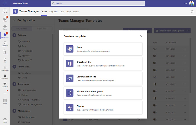 Teams templates in Teams Manager