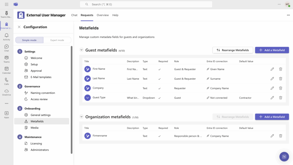 Creating metadata fields in External User Manager