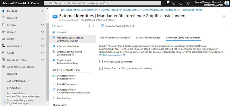 Mandanten&uuml;bergreifende Zugriffseinstellungen: Microsoft Cloud-Einstellungen