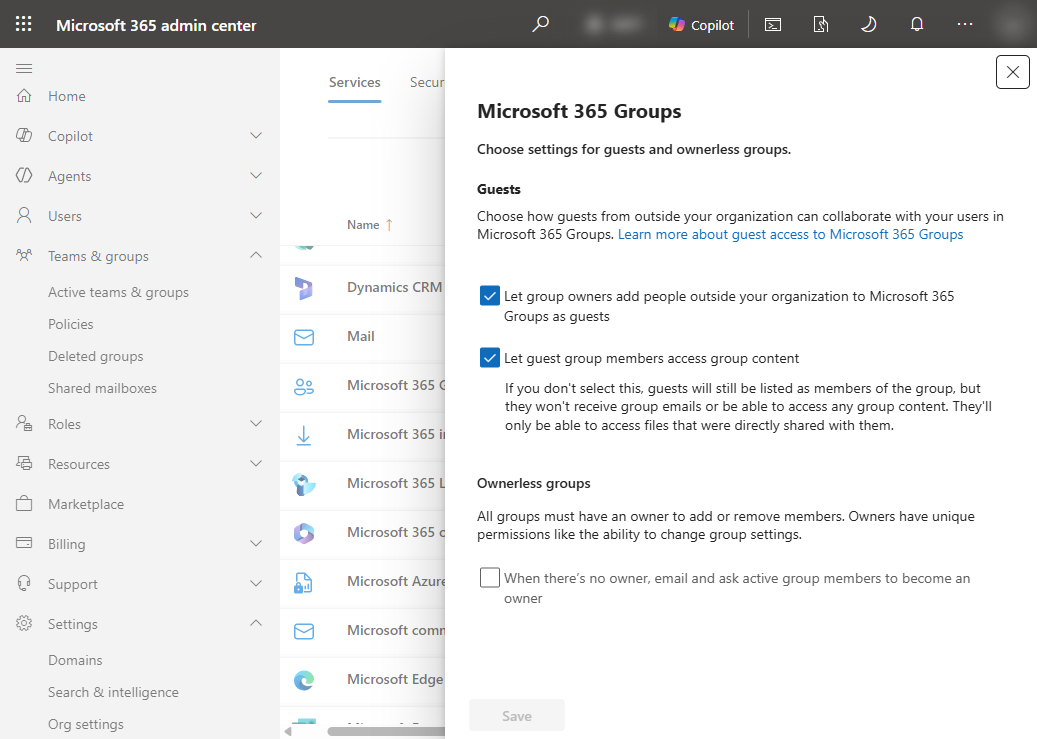 The Microsoft 365 Groups pane in Org settings, showing the unchecked ownerless-groups notification checkbox