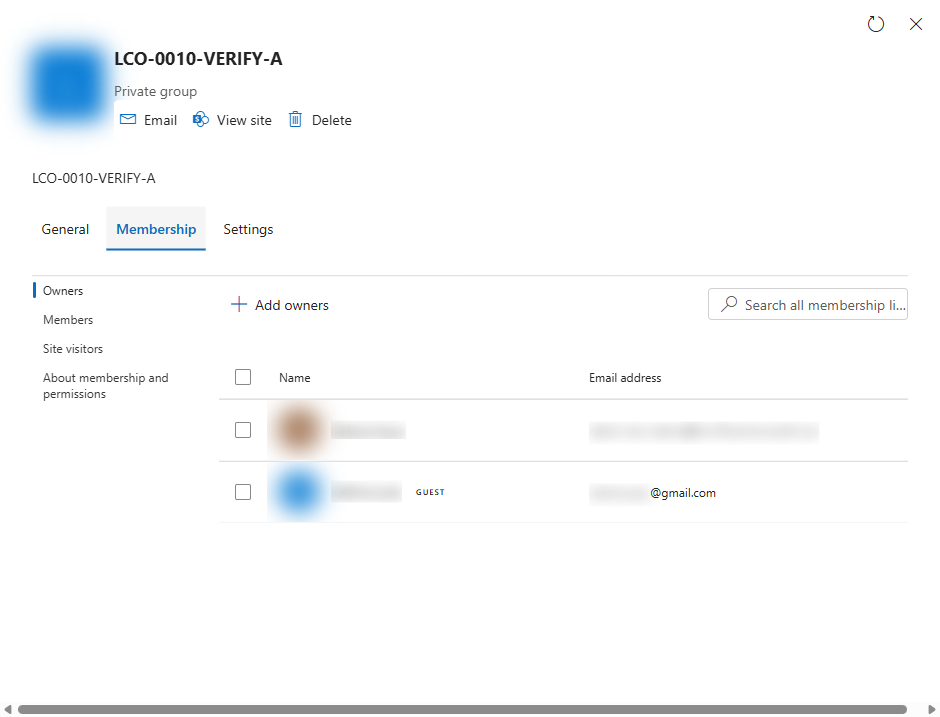 The Owners list of a Microsoft 365 group in the admin center: an internal owner and a guest owner, the guest marked with a GUEST badge and an external email address
