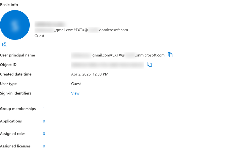 The Entra admin center profile of a guest account, showing User type Guest and the external user principal name