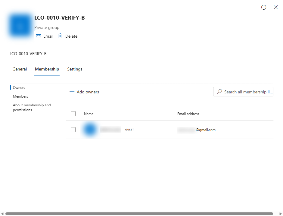 A group's Owners list in the admin center with exactly one owner, marked GUEST