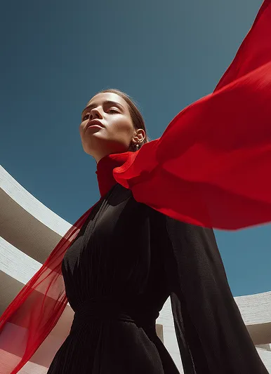 A four-panel minimalist fashion collage with red, blue, and black accents