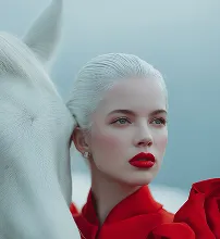 Editorial portrait of a blonde woman in red standing next to a white horse