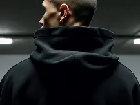 Back view of a person wearing a black hoodie with the hood up