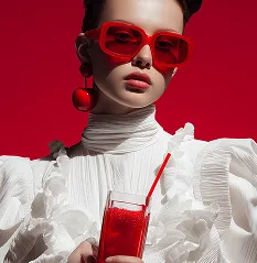 Editorial shot of a woman in a ruffled white blouse holding a red drink.