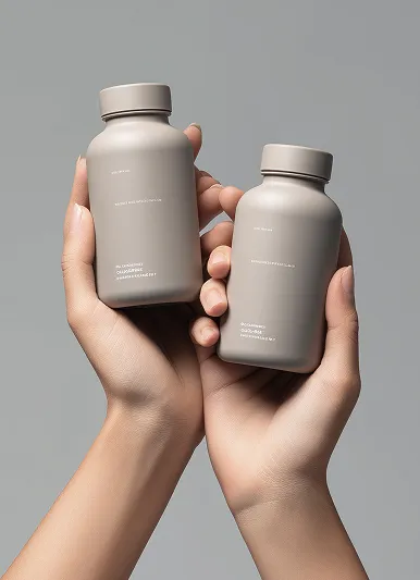 Hands holding two minimalist grey supplement bottles