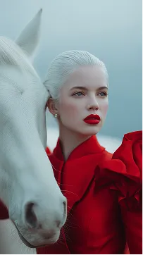 Editorial portrait of a blonde woman in red standing next to a white horse