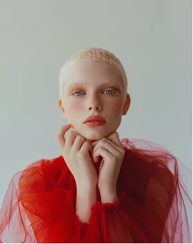 Portrait of a model wearing a red sheer dress with hands near face