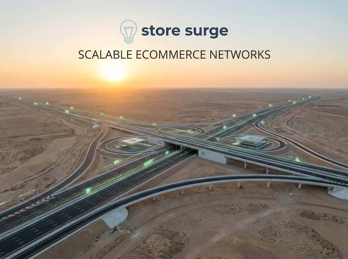 Image of a road network in the desert with Store Surge logo