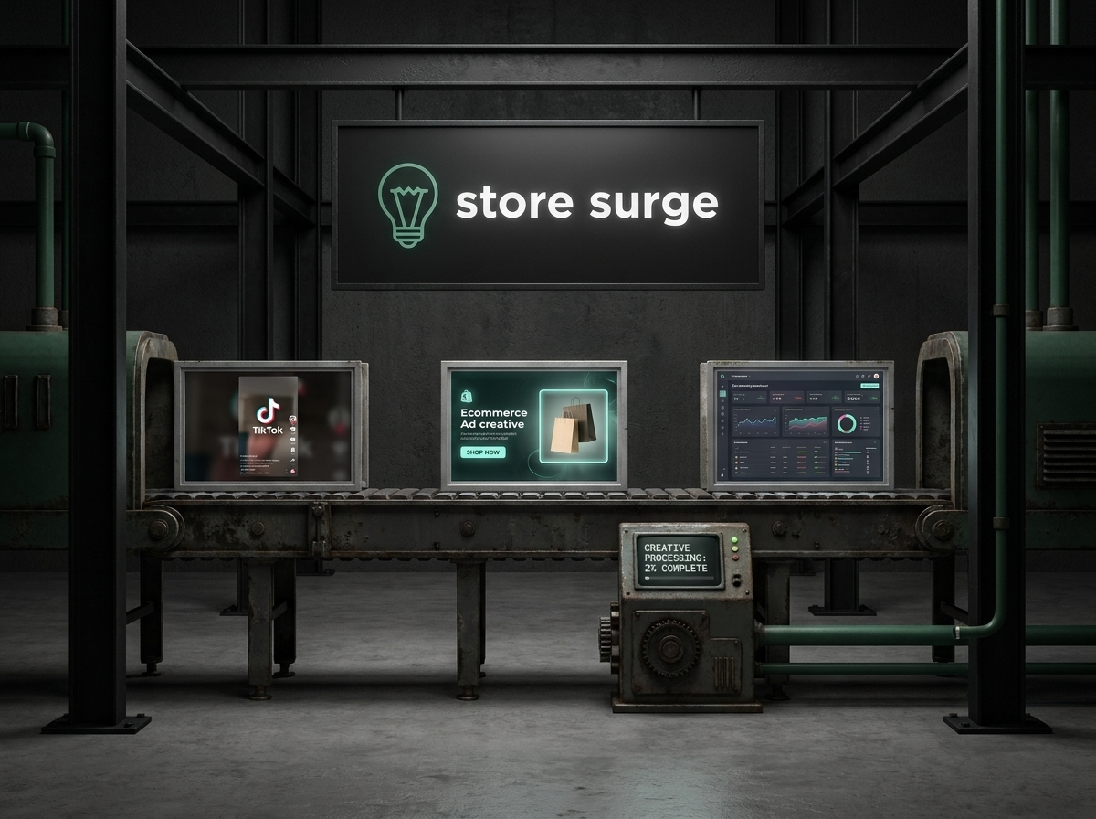 A cinematic image of a digital creative producton machine with the Store Surge logo
