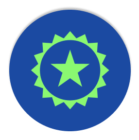 Green star icon inside a green circular badge on a blue background.